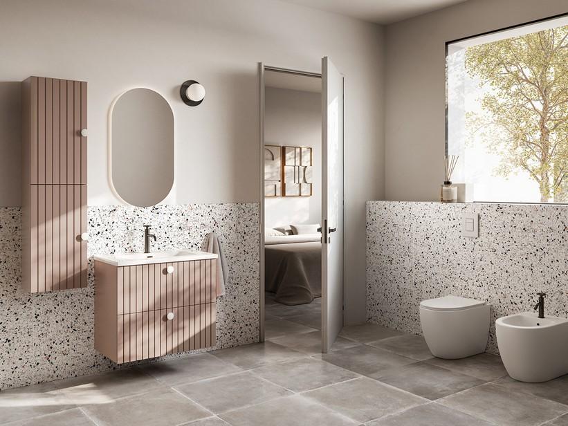 Badmöbel LERICI Br. 75 cm am Boden mit 2 Schubladen Ausführung Rosa Cipria mit Waschbecken Unitop aus Keramik | IperCeramica