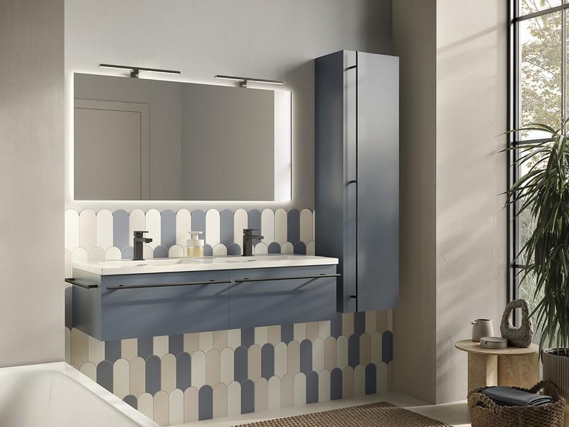 Badezimmermöbel LUMI L120 cm mit 2 Schubladen, mattblau, mit Waschbecken Unitop ANDY aus glänzend weißer Keramik | IperCeramica