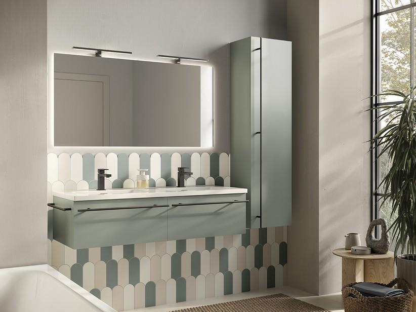 Badezimmermöbel LUMI Br.120 cm mit 2 Schubladen, mattgrün, mit Waschbecken Unitop ANDY aus glänzend weißer Keramik | IperCeramica
