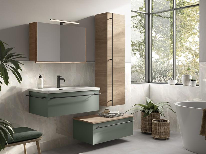 Badezimmermöbel LUMI L80 cm mit 1 Schublade, mattgrüne Oberfläche, mit Waschbecken Unitop HIDE aus glänzend weißem Harz | IperCeramica