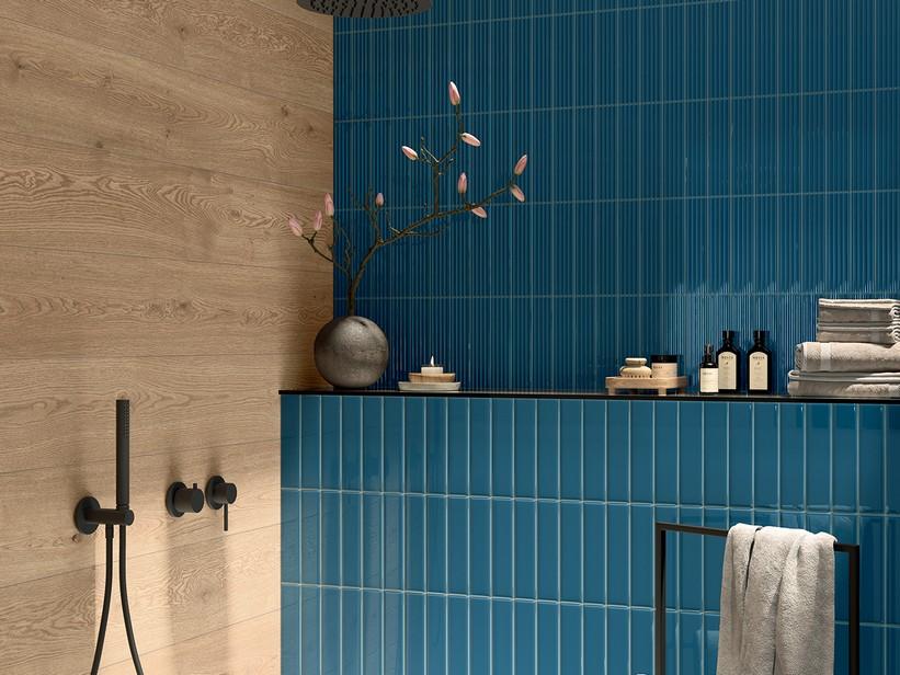 Wandfliese Mahjong Blu Denim 3D Lux 6x24,6 Einbrand Blau glänzend | IperCeramica