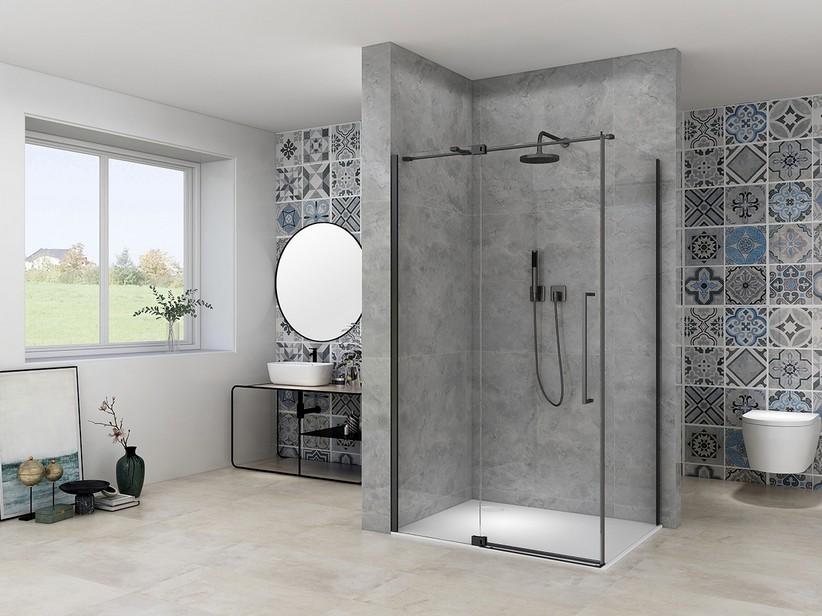 Eck-Duschkabine Mantra 90x90 H200 Schwingtür Klarglas 8mm Dichtungsprofile Mattschwarz | IperCeramica
