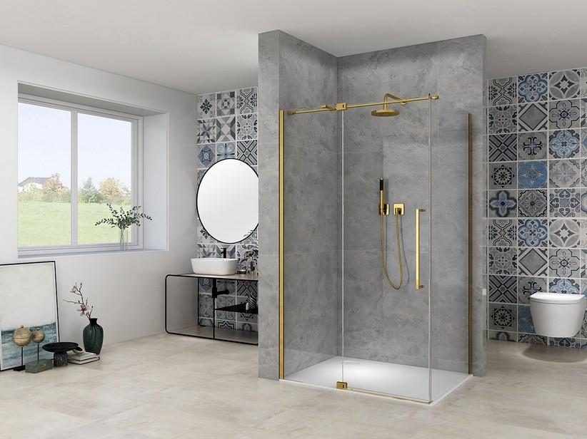 Eck-Duschkabine Mantra 90x90 H200 Schwingtür Klarglas 8mm Dichtungsprofile in gebürstetem Gold | IperCeramica