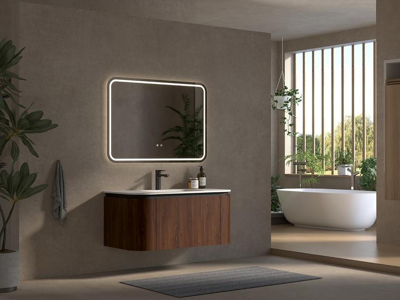 Badmöbel Tide 100 cm 3 Schubladen aus Mehrschichtholz Nussbaum mit Waschbecken aus Solid Surface Weiß matt | IperCeramica