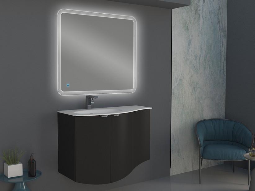 Geschwungenes Badmöbel Wave 104 cm Graphit matt und Waschbecken aus Glas Becken links Weiß glänzend | IperCeramica
