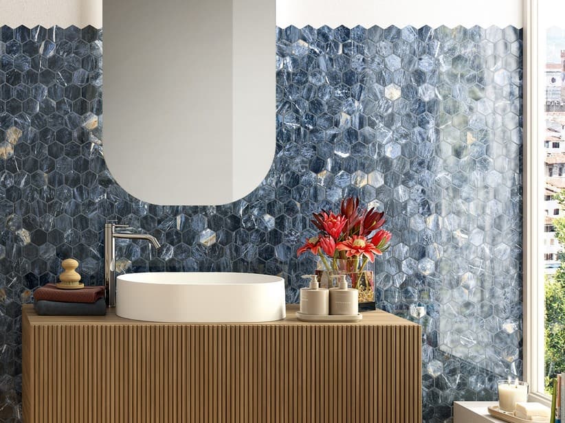 Mosaik Ocean Blue 29x27 Feinsteinzeug Marmoroptik Blau poliert glänzend | IperCeramica