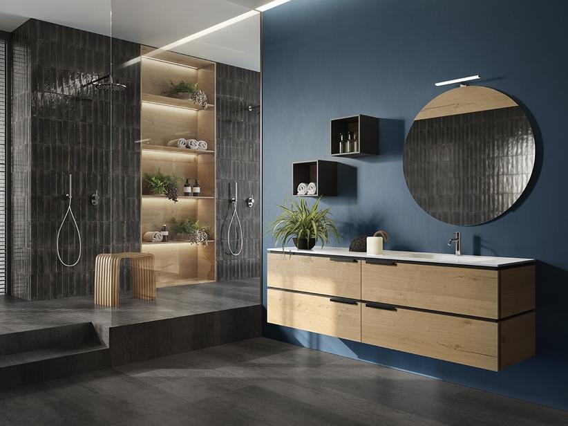 Badmöbel OXYGEN 180 cm 4 Schubladen und Unitop-Waschbecken HIDE rechts aus Gussmarmor Weiß glänzend | IperCeramica