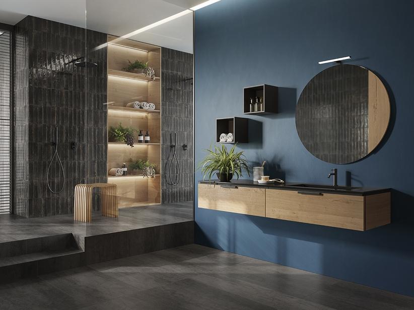 Badmöbel OXYGEN 160 cm 2 Schubladen und Unitop-Waschbecken HIDE rechts aus schwarzem Gussmarmor mit Steinoptik | IperCeramica