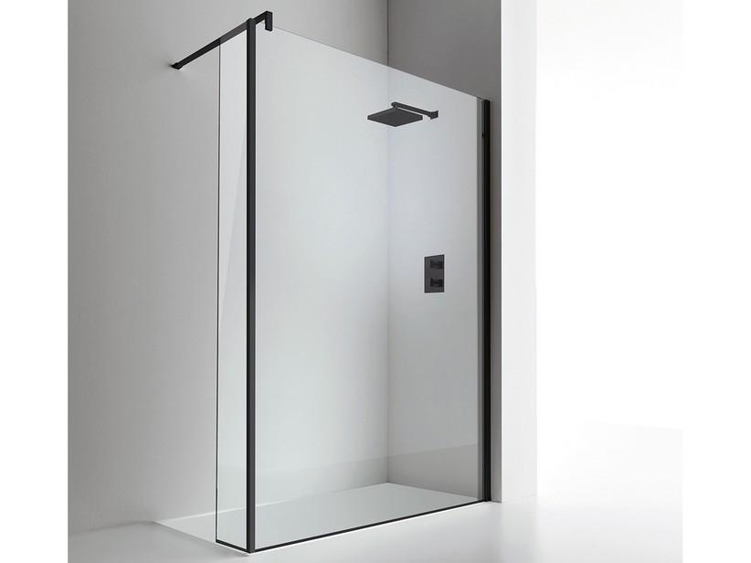 Walk-in-Dusche Plano 180 cm H 200 Erw 176,2/178,2 mit fester Spritzschutzwand Glasstärke 8 mm Transparent Schwarz Matt | IperCeramica