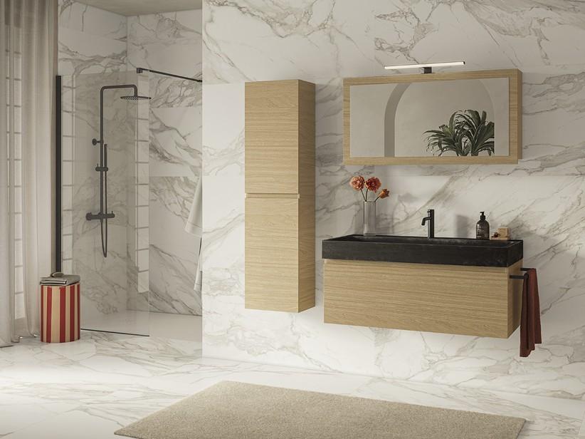 Badezimmermöbel Qubo 100 cm 1 Schublade Eiche hell mit Waschbecken Unitop Purestone | IperCeramica