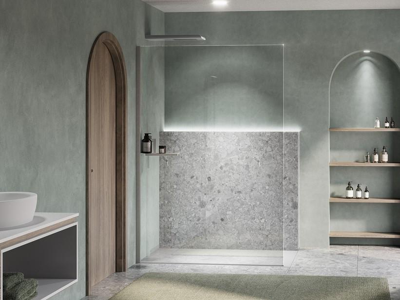 Walk-In Dusche Plano 120 cm H200 Erw 116,5/118,5 Kristallglas 6mm Transp. Ablage links+Profile Optik von gebürstetem Edelstahl | IperCeramica