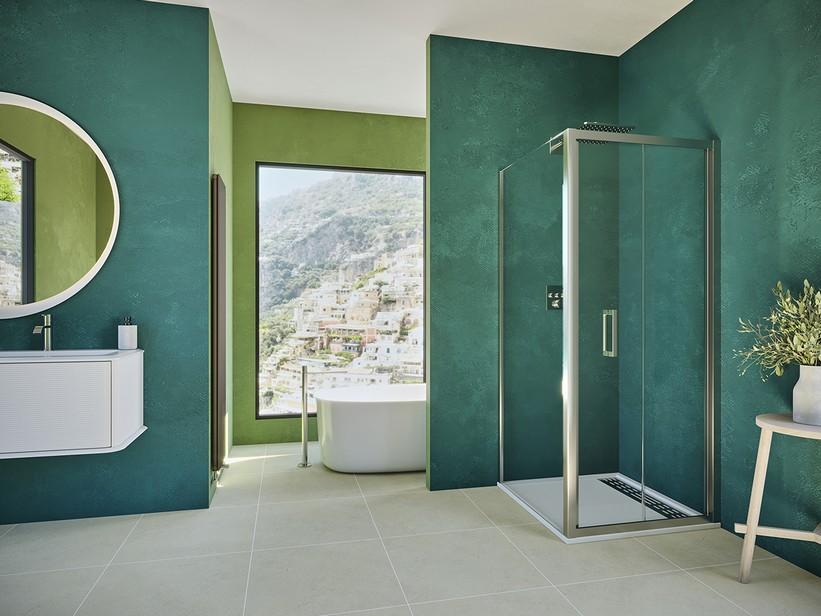 Eckduschkabine Renu 80x80 H195 Erw 74/80 - 77/80 Falttür und fester Teil aus transparentem Kristallglas 6 mm verchromt | IperCeramica