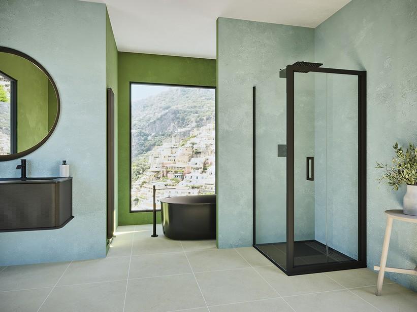 Eckduschkabine Renu 80x80 H195 Erw 74/80 - 77/80 Falttür und fester Teil aus transparentem Kristallglas 6 mm Schwarz matt | IperCeramica