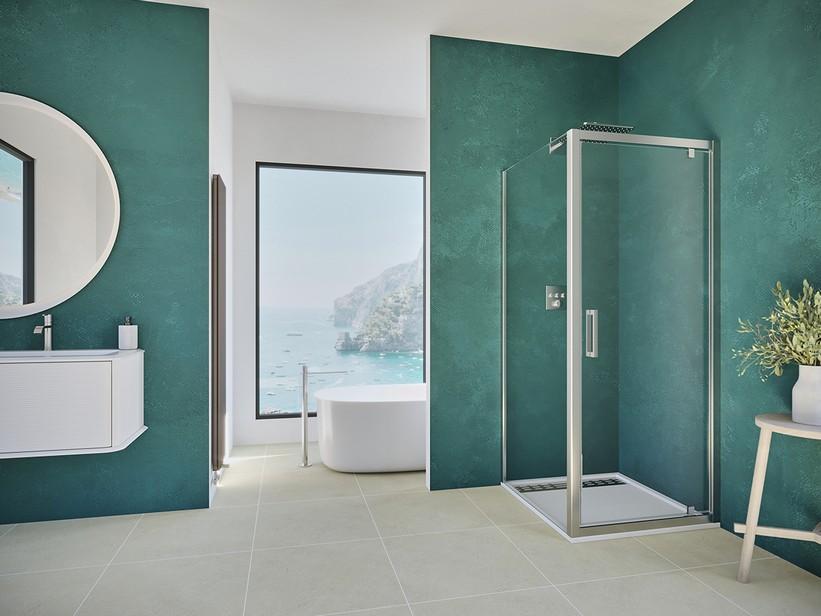 Eckduschkabine Renu 80x80 H195 Erw 74/80 - 77/80 Drehschwenktür und fester Teil aus transparentem Kristallglas 8 mm verchromt | IperCeramica