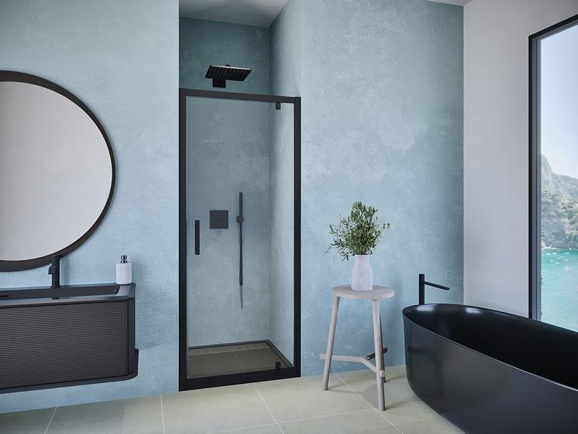 Schwing-Drehduschtür Renu cm 76xH195 Erw 70/76 Transparentes Kristallglas 8 mm Schwarz matt | IperCeramica