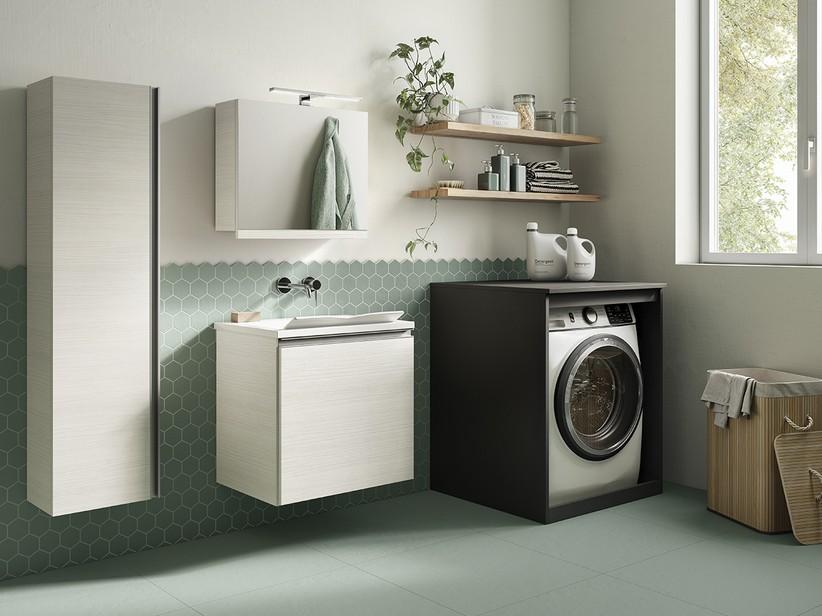 Platzsparendes Waschküchenmöbel SMART 60 cm 1 Tür Lärche Weiß und Waschbecken WASH | IperCeramica
