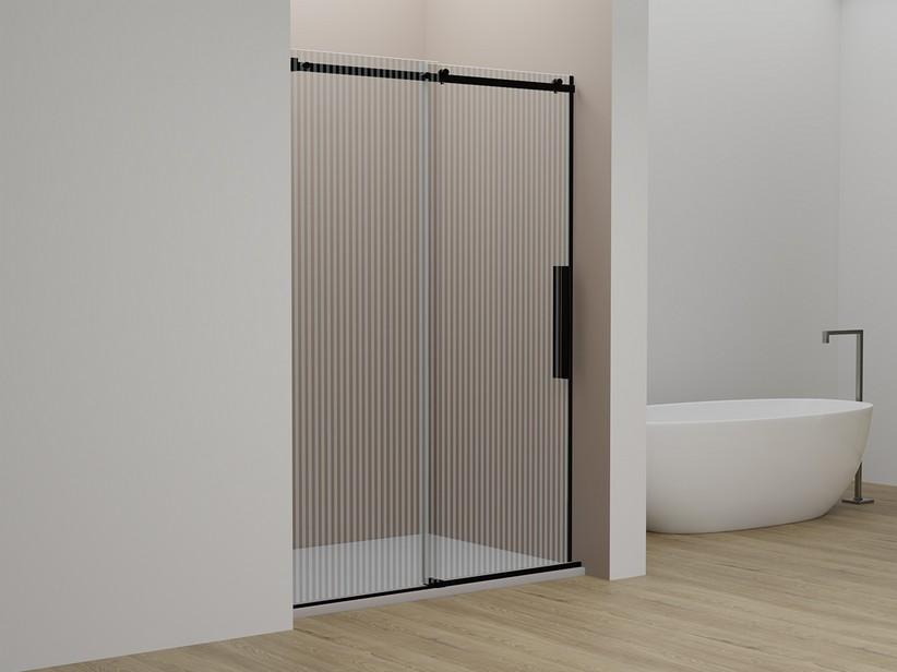 Duschtür Velo cm 100 H200 Erw 98/100 Schiebetür links aus Kristallglas mit Siebdruck, Profile Schwarz matt | IperCeramica