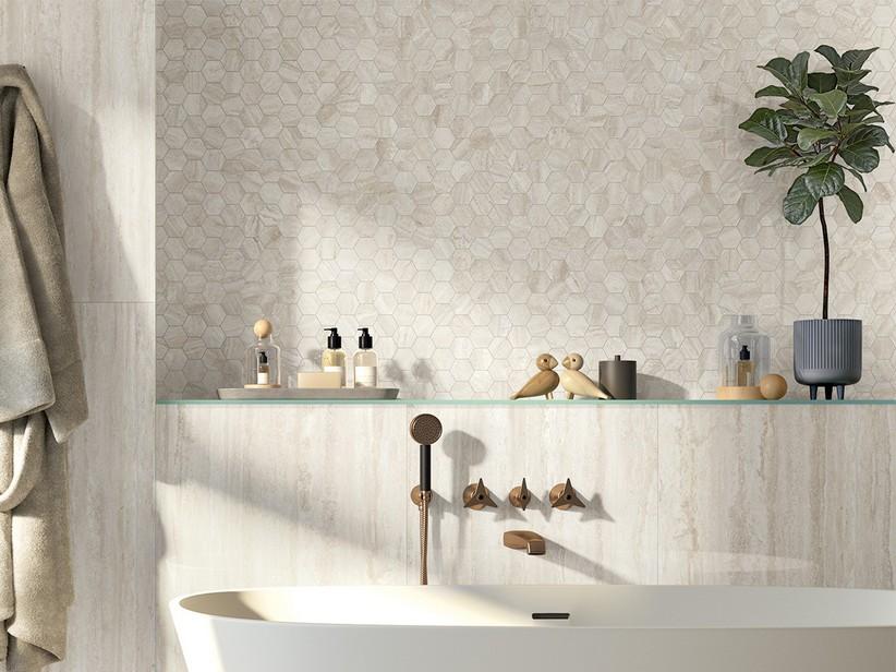 Mosaik Vogue White 29x27 Feisteinzeug Travertinoptik glänzend Poliert Weiß | IperCeramica