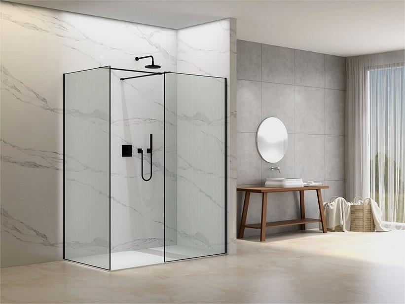 Walk-In-Dusche Namaste' 2 Seiten 100x70 cm H200 Erw 98/100 - 68/70 Kristallglas 8 mm gewellter Optik und matt schwarzem Profil | IperCeramica