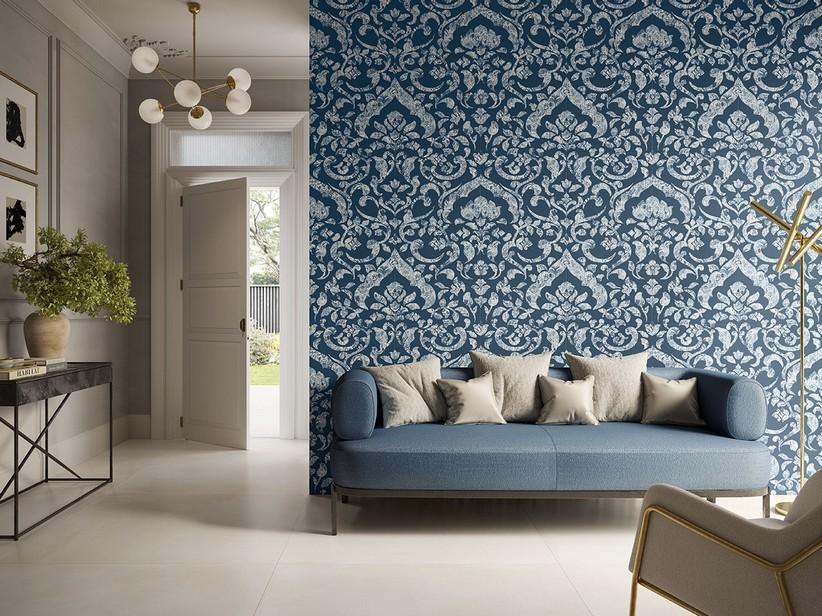 Wallart Dekor Arabesque Blau dünn Feinsteinzeug Floral Tapetenoptik Komposition 100x100 | IperCeramica