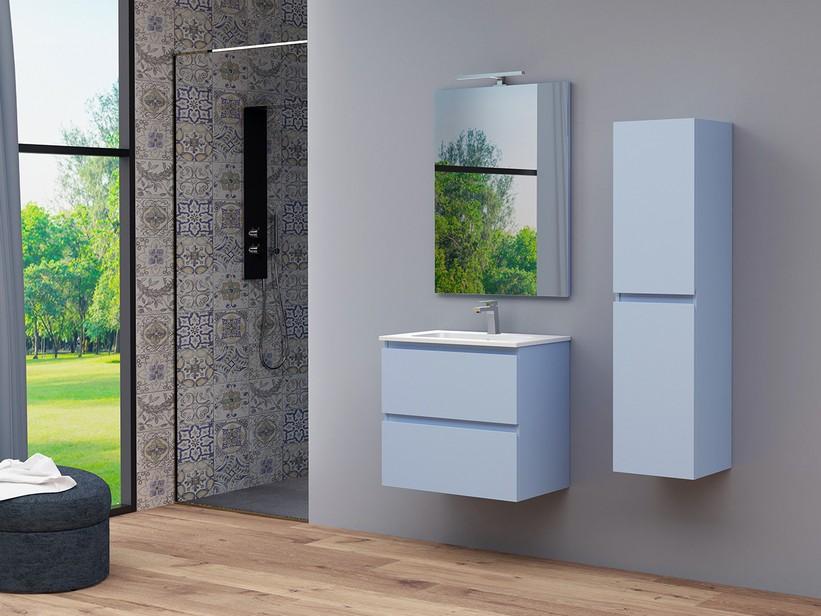 Platzsparendes Badmöbel Marea 60 Ti. 38 cm 2 Schubladen Blau matt mit Waschbecken aus Harz Weiß glänzend | IperCeramica