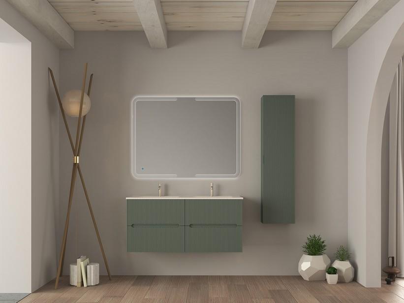 Badezimmermöbel FARO 120 cm gerippte Grün Matt und Waschbecken Unitop aus Harz SLIM Weiß Glänzend | IperCeramica