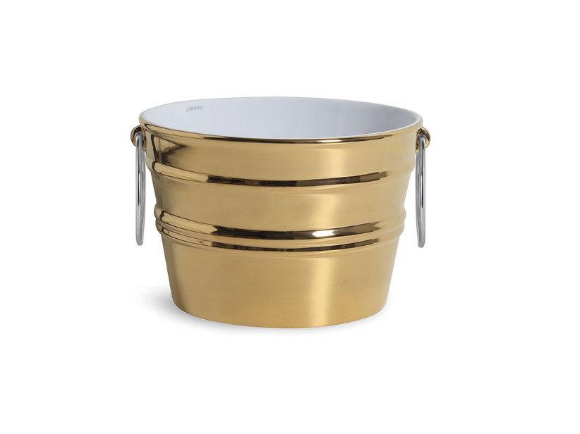 Hänge-/Aufsatzwaschbecken Bacile Ø46,5 cm H30 mit Ringen aus glänzender goldener Keramik | IperCeramica