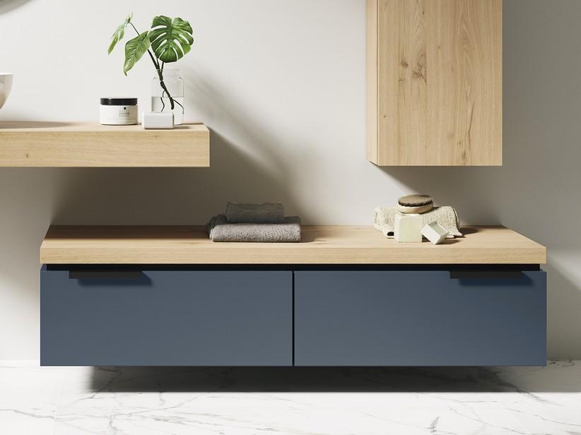 Kommode Touch 140 cm 2 Schubladen Blau Matt und 4,5 cm dicke Platte Eiche mit Knorren | IperCeramica