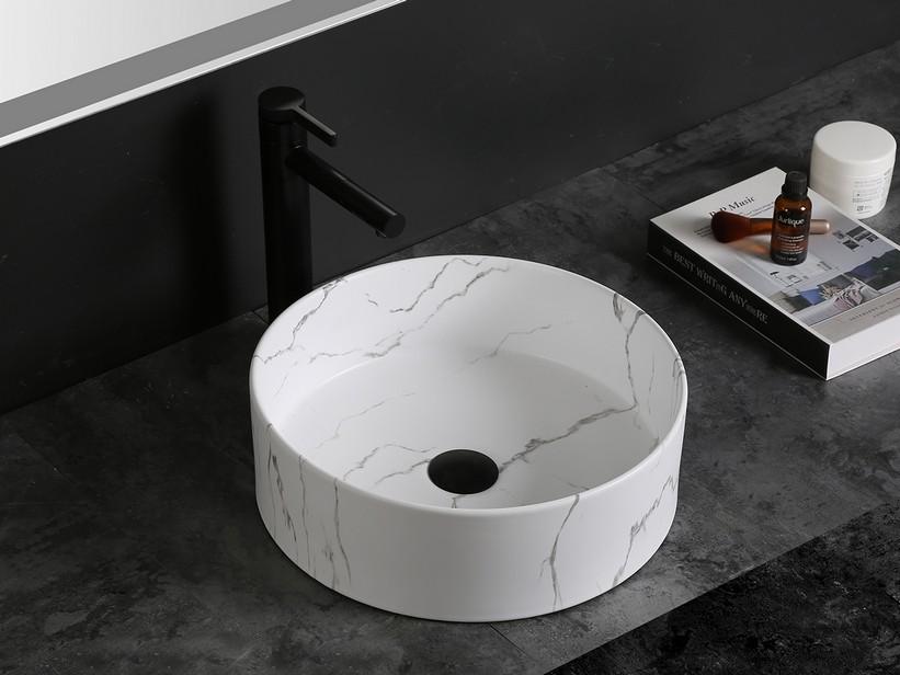 Aufsatzwaschbecken Sesia Ø39,5xH11,5 aus Keramik Statuario Marmoroptik Weiß Matt | IperCeramica