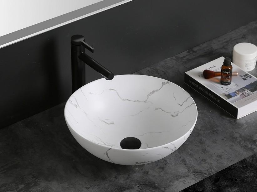 Aufsatzwaschbecken Scrivia Ø40xH15 aus Keramik Statuario Marmoroptik Weiß Matt | IperCeramica