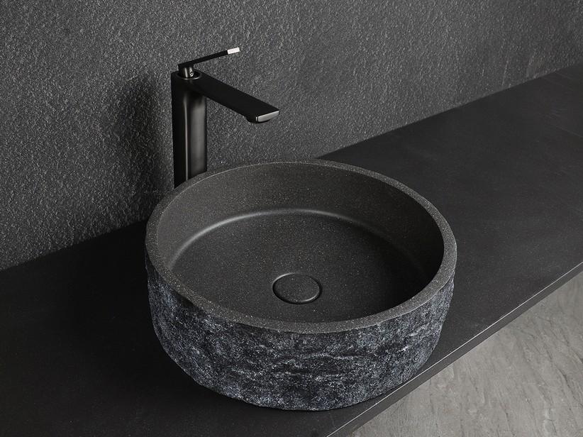 Aufsatzwaschbecken Roughstone Ø40xH12 cm aus Harz und Zement Finish dunkler Granit | IperCeramica