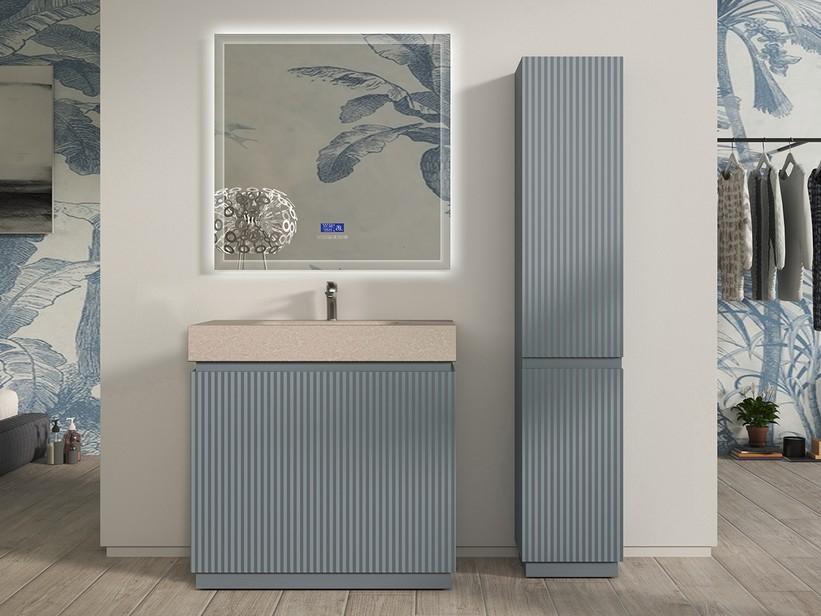 Badmöbel FARO am Boden 90 cm gerippt Blau avio matt und Waschbecken Unitop aus HPL Quarzit hell | IperCeramica