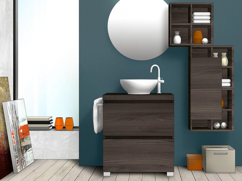 BADEZIMMERSCHRANK QUBO 70 CM A TERRA 2 SCHUBLADEN ULMENHOLZ LAVA MIT PLATTE | IperCeramica
