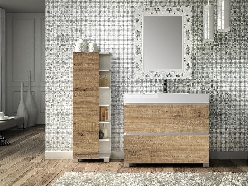 BADEZIMMERSCHRANK QUBO 100 CM 2 SCHUBLADEN WEISS MATRIX/SHERWOOD MIT WASCHTISCH | IperCeramica