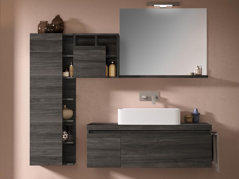 BADEZIMMERSCHRANK QUBO 120 CM ULMENHOLZ LAVA MIT PLATTE FÜR AUFSATZWASCHBECKEN | IperCeramica