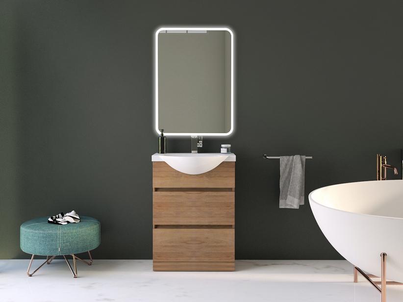 Badmöbel Alyssa 61 cm Standversion Eiche Tabak Waschbecken Weiß Glänzend | IperCeramica