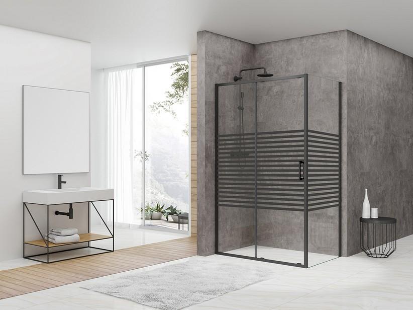 Eckduschkabine Arek 70x100 H190 Erw 68/69,5-98/99,5 Schiebetür fester Teil transp. Kristallglas 6mm Siebdruck Schwarz | IperCeramica