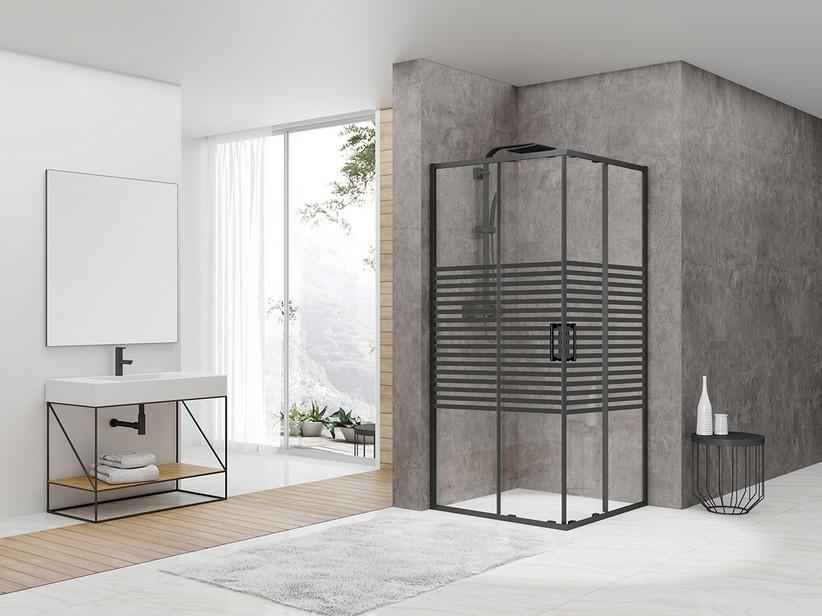 Eckduschkabine Arek 80x80 H190 Erw 78/79,5 Schiebetüren transp. Kristallglas 6 mm Siebdruck Schwarz | IperCeramica