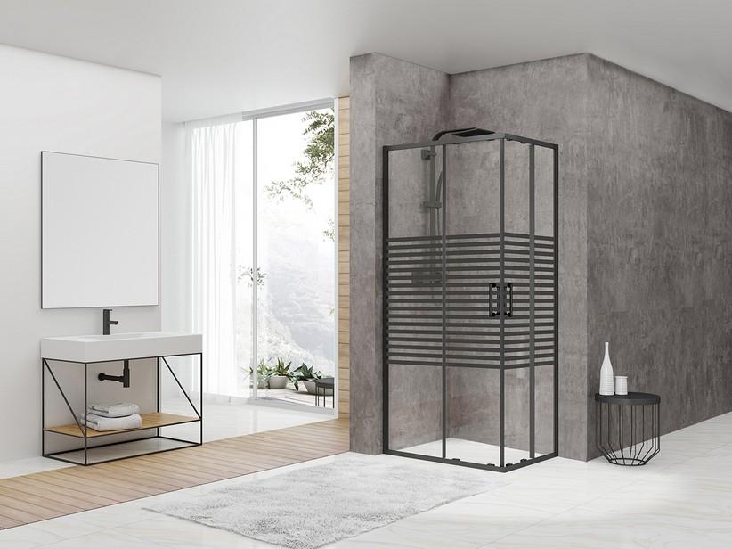 Eckduschkabine Arek 70x80 H190 Erw 68/69,5-78/79,5 Schiebetüren transp. Kristallglas 6 mm Siebdruck Schwarz | IperCeramica