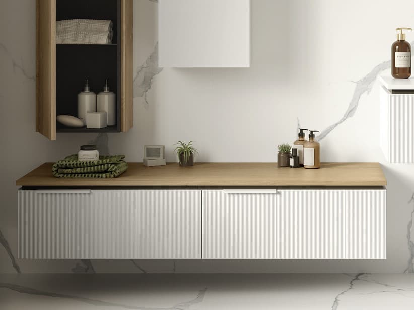 Kommode BLUES 140 cm 2 gerippte Schubladen Weiß Matt und 1,8 cm dicke Eichenplatte mit Knorren | IperCeramica