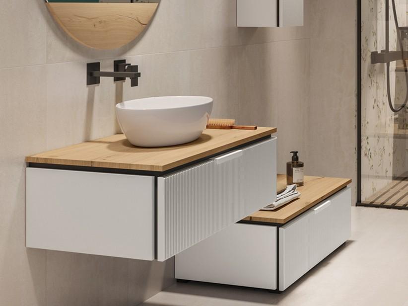 Kommode BLUES 70 cm 1 gerippte Schublade Weiß matt und Platte 1,8 Eiche mit Knorren | IperCeramica