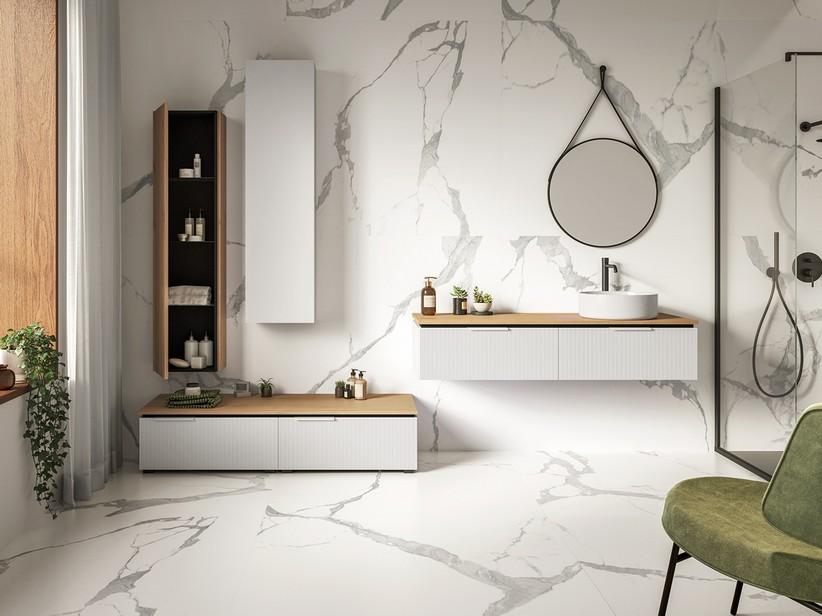 Badmöbel BLUES 140 cm 2 gerippte Schubladen Weiß matt und Platte 1,8 cm aus Eiche mit Knorren | IperCeramica