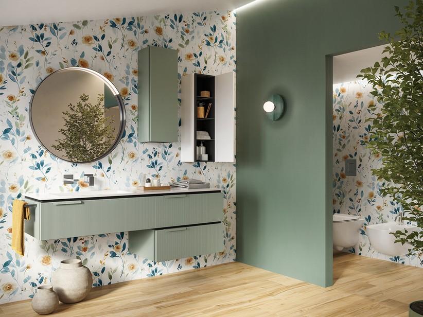 Badmöbel BLUES 160 cm 3 Schubladen Salbeigrün und Unitop-Waschbecken HIDE links aus Gussmarmor mit Steinoptik Weiß | IperCeramica