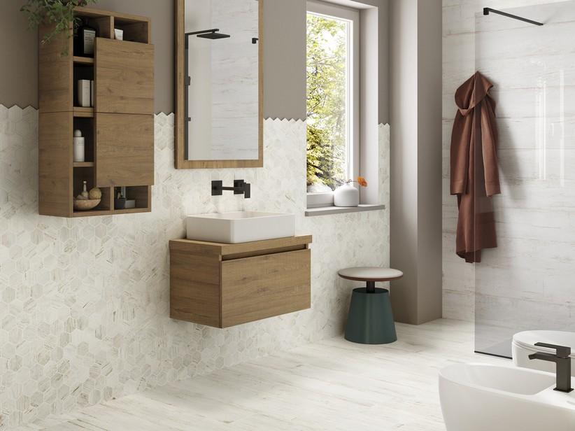 Mosaik Boat White Esagona 29x27 Feinsteinzeug Holzoptik Abgebeizt Weiß | IperCeramica