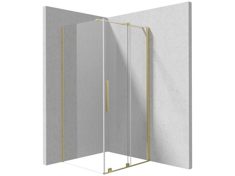 Eckduschkabine Prizma 140x80 cm H195 Erw 138/140-76/78 Schiebetür, feste Seite, 6 mm transparentes Glas, gebürstetes Gold | IperCeramica