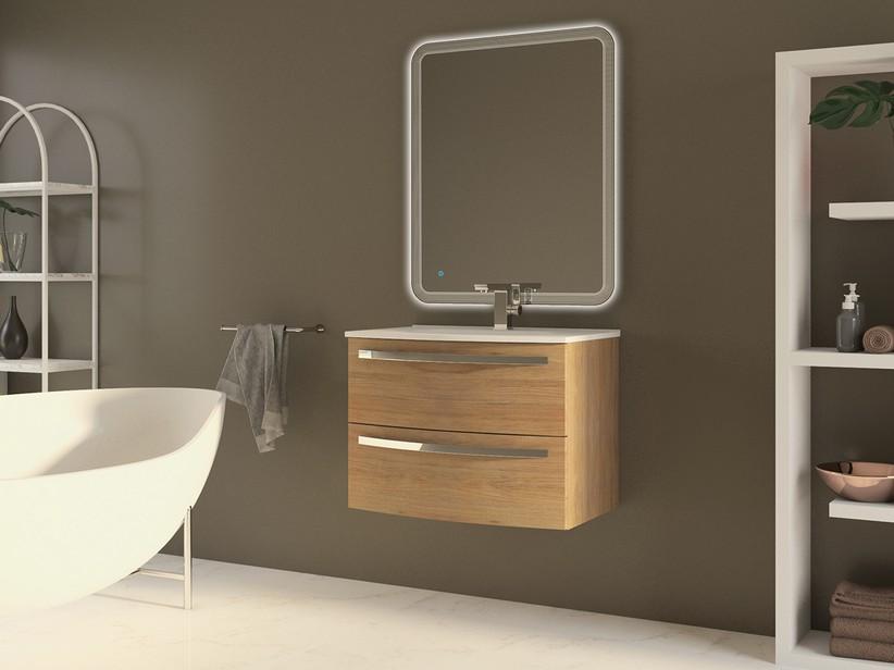 Badmöbel Corallo 75 cm 2 Schubladen Eiche Tabak mit Waschbecken Unitop aus glänzendem weißem Harz | IperCeramica