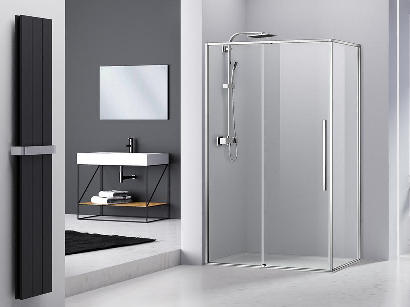 ECKDUSCHKABINE FENG SHUI 90x120 H200 Erw 118/119 - 88/89 cm SCHIEBETÜR MIT FESTER SEITENWAND GLASSTÄRKE 6 mm TRANSPARENT CHROM | IperCeramica