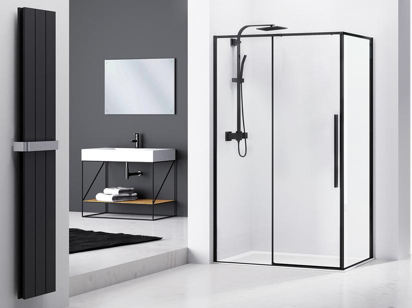 ECKDUSCHKABINE FENG SHUI 90x120 H200 Erw 118/119 - 88/89 cm SCHIEBETÜR FESTER SEITENWAND GLASSTÄRKE 6 mm TRANSP SCHWARZ MATT | IperCeramica