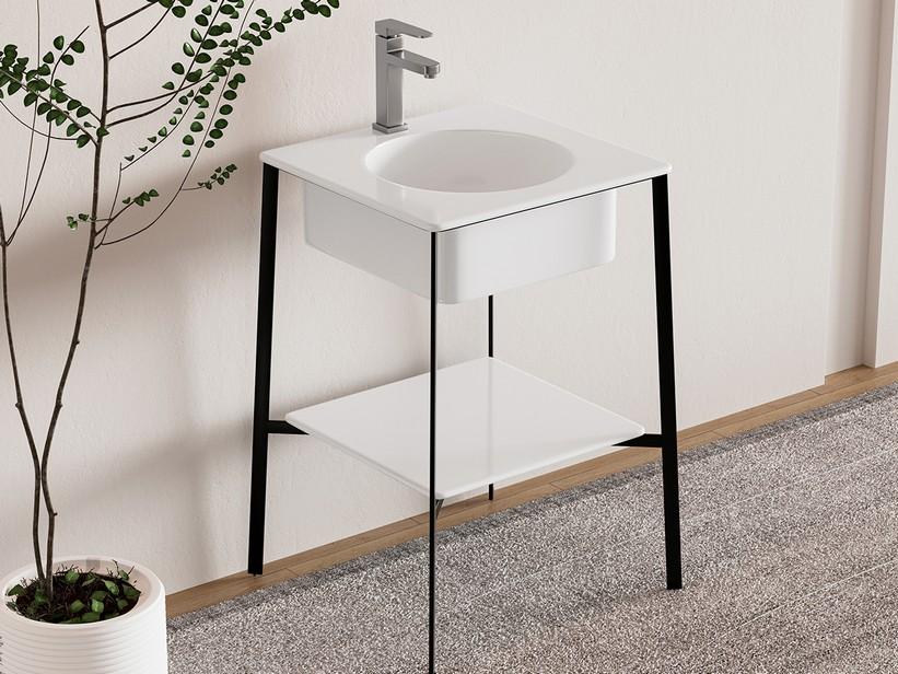 Freistehendes Badmöbel HEDERA mit Waschbecken Br. 52 cm aus Keramik und Struktur H82 cm aus Stahl Schwarz matt | IperCeramica