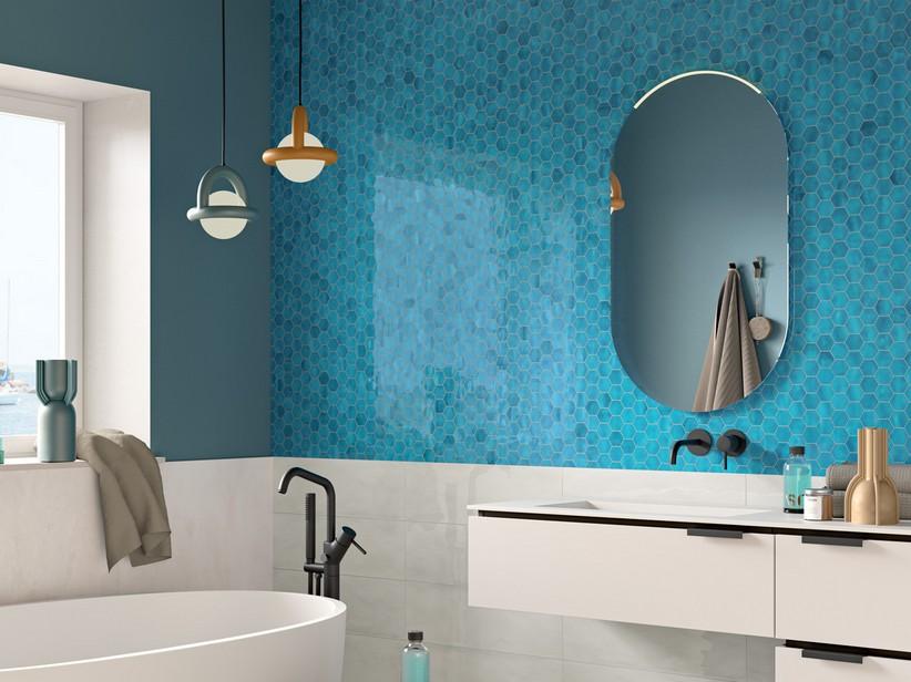 Mosaik Intinta Acquamarina 28,8x33,3 glänzend sechseckiges Türkisblau | IperCeramica